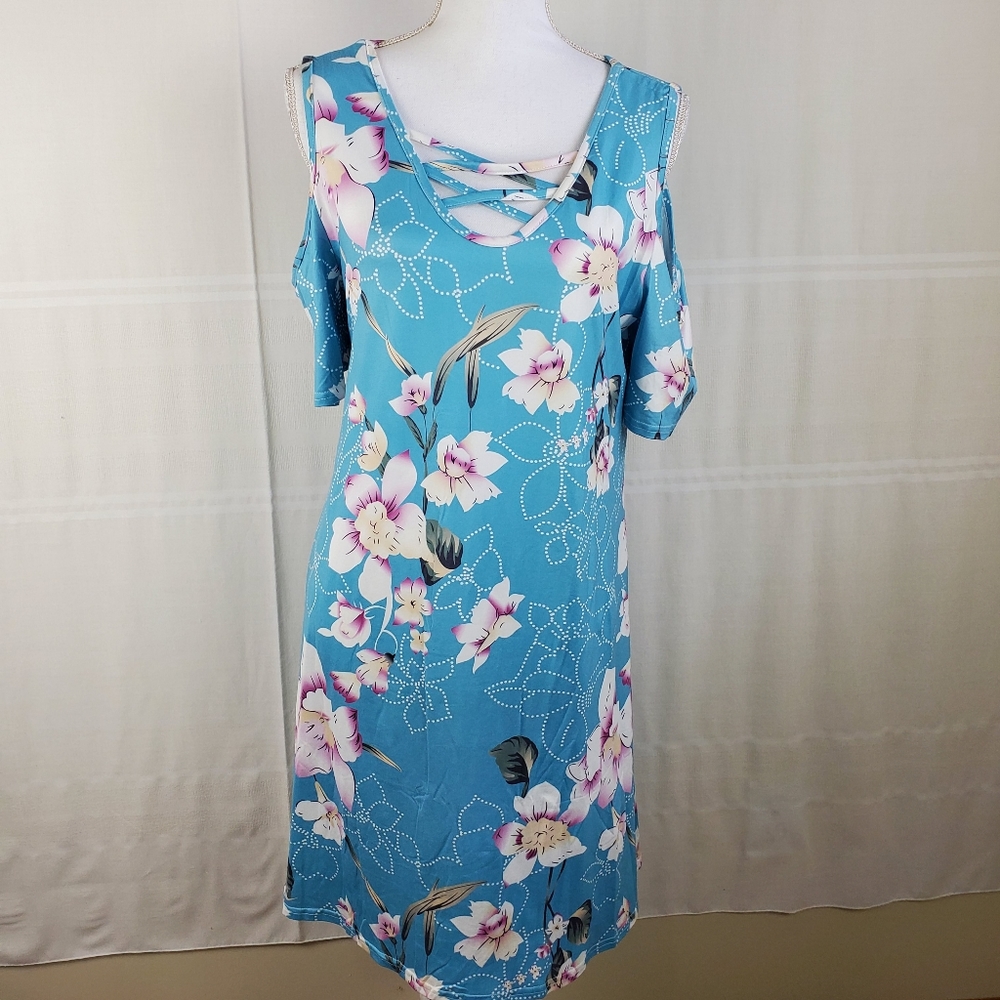 Blue Time short sleeve cold shoulder dress L